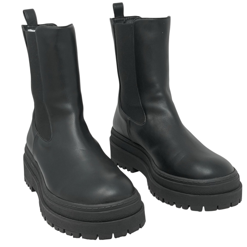 Good American | Black Leather Combat Platform Lug Sole Boots New